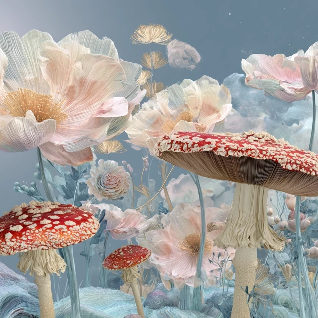 Dreamy Pastel 3D Scene of Mushrooms and Flowers