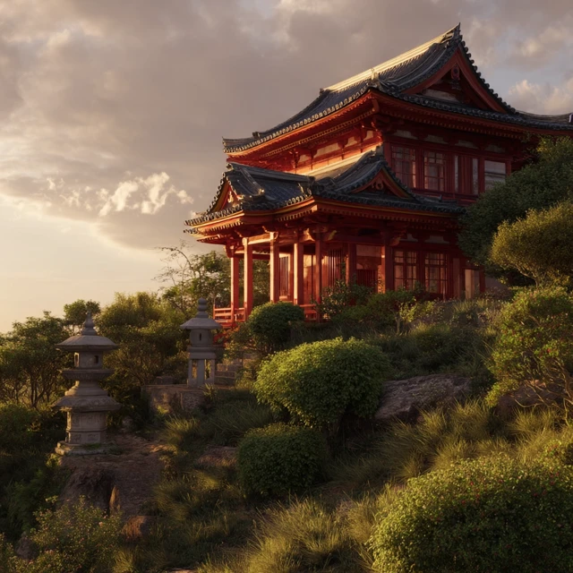 Japanese Temple at Sunset Kyoto Landscape