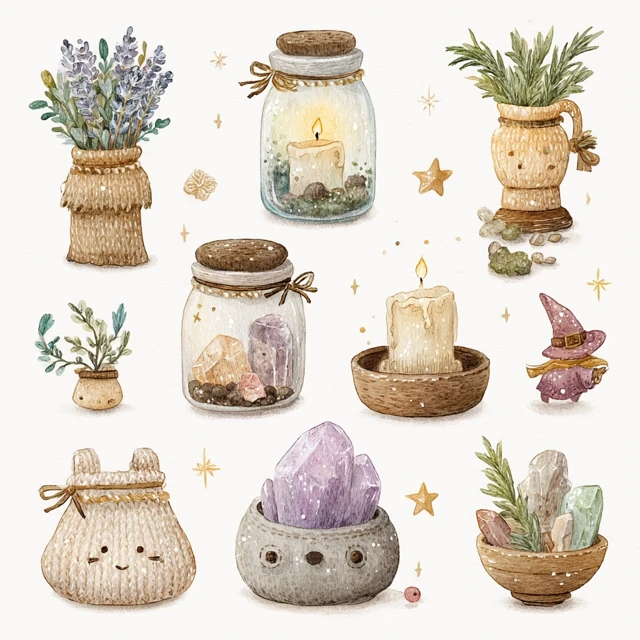Watercolor Witchy Clipart: Herbs, Candles, and Cozy Vibes
