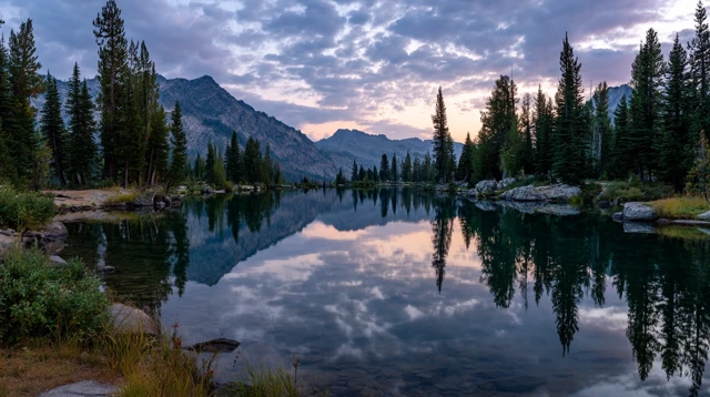 Mountain Lake Reflecting Twilight Sky Pine Trees