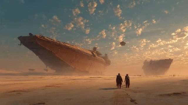Post Apocalyptic Desert Ships Cinematic Illustration