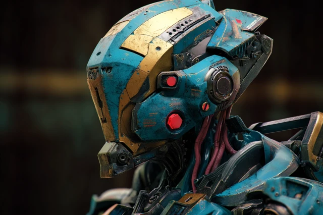Hyper Real Battle Mecha Portrait in Teal Gold