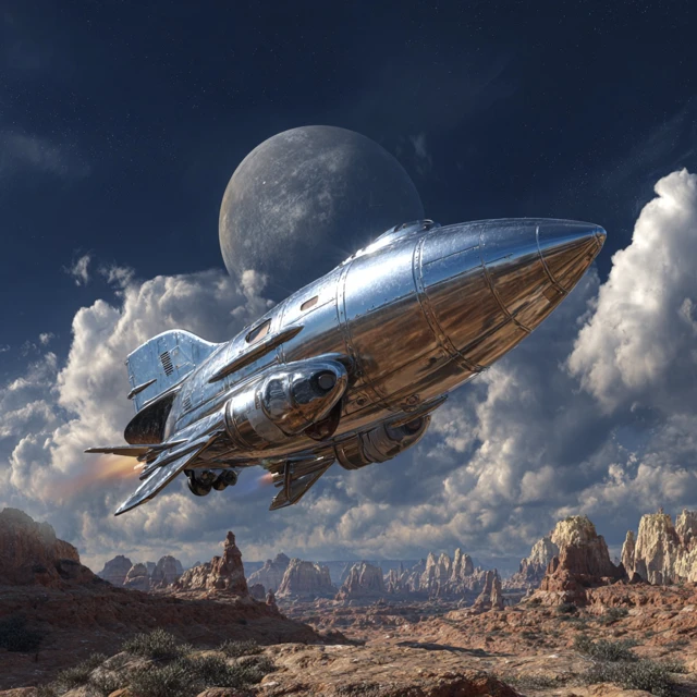 Retro Rocketship Flying in Space Over a Planet