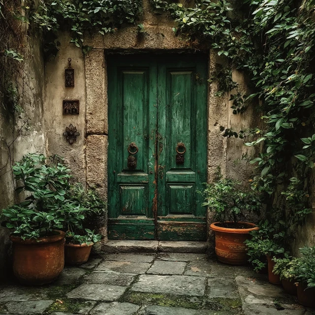 Ancient Doorway Green Vines and Stone Patio