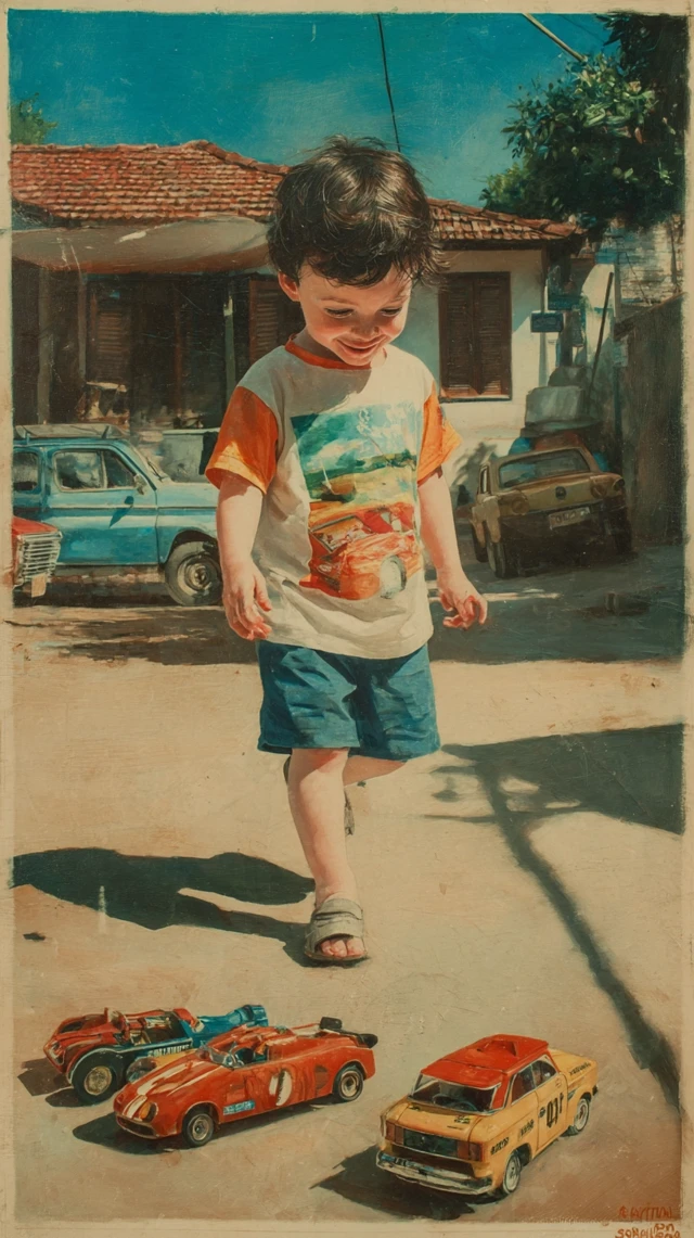 Young Ayrton Senna Playing with Toy Cars Portrait