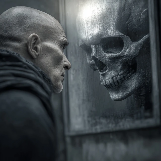 Man Sees Death in Mirror Close Up Surreal Art