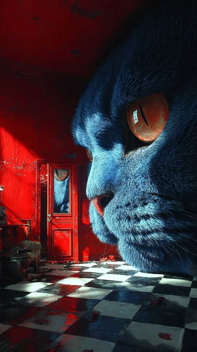 Giant Blue Cat Surrealist Interior Scene