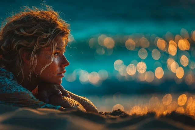 Woman in Ocean Bokeh Bliss Seaside Serenity