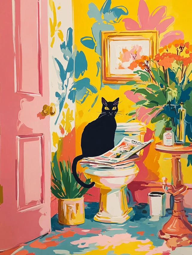 Black Cat Reading Newspaper in Bathroom Art