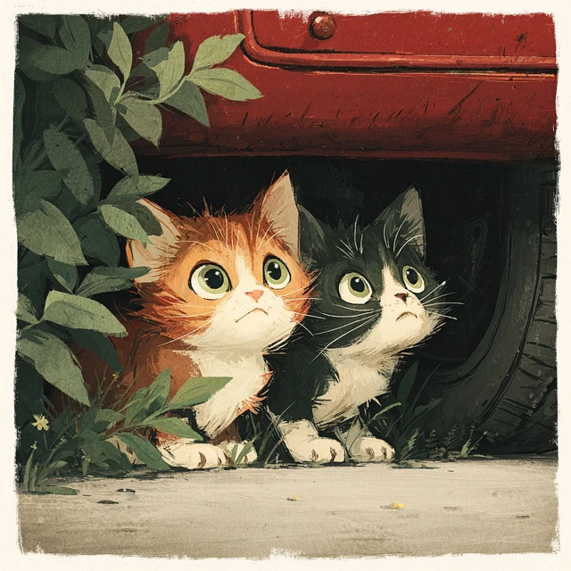 Cute Kittens Hiding Under a Car Hand Painted