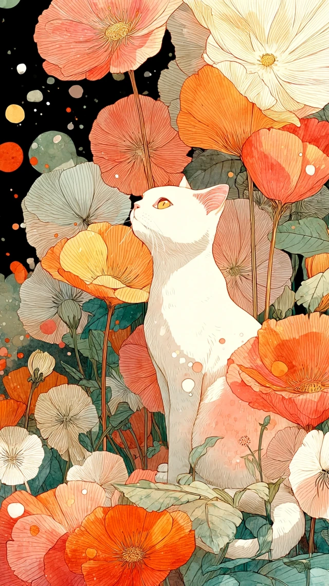 Cat in Flower Field Anime Style