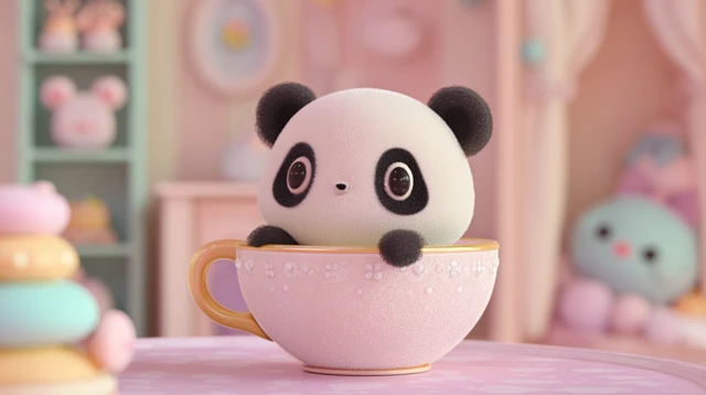 Kawaii 3D Panda in a Teacup Cute Cartoon Art