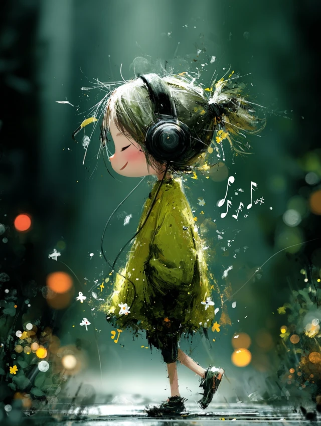 Cute Girl Listening to Music Smiling Walking