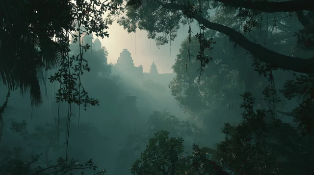 Mystical Jungle Scene Sunlit Rainforest and Ancient Ruins