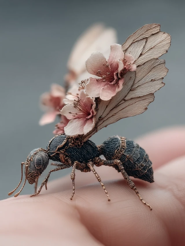 Magical Ant with Flower Wings on a Hand
