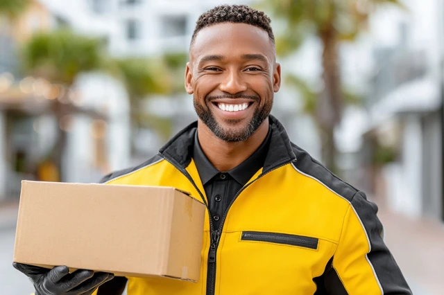 Cheerful Bike Courier with Delivery Box