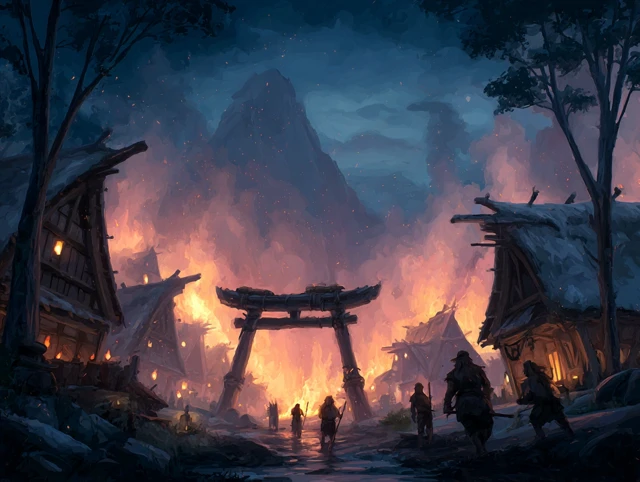 Burning Japanese Village Concept Art