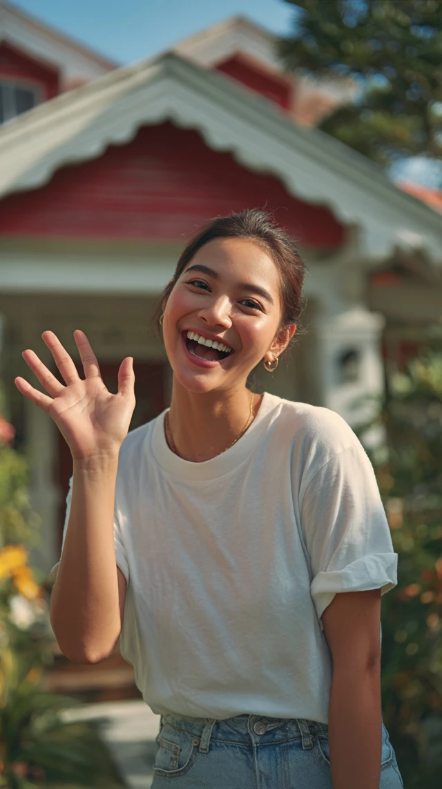 Filipino Woman Smiling Happy in Front of House