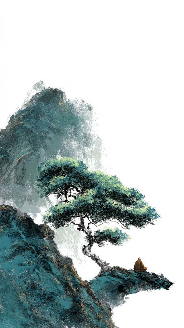 Zen Monk and Pine Tree Ink Painting Illustration