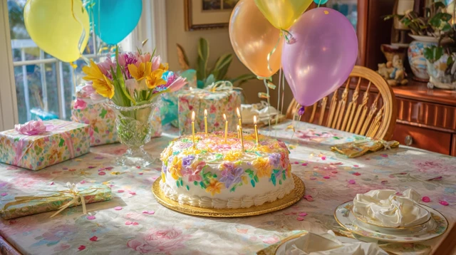 Birthday Cake with Flowers Candles and Presents