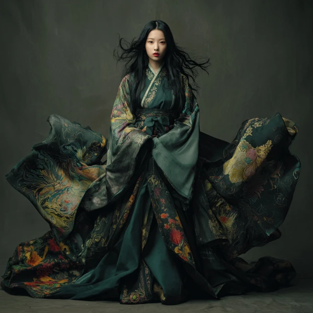 Woman in Yellow Floral Gown Asian Inspired Art