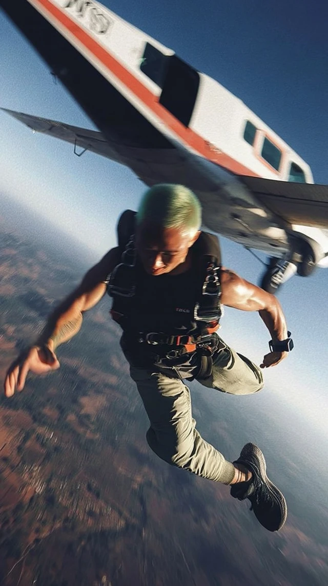 Skydiver Freefall Action Shot Neon Green Buzzcut