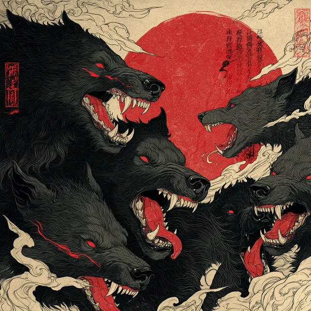 Scary Wolves Punishing Demons Japanese Art