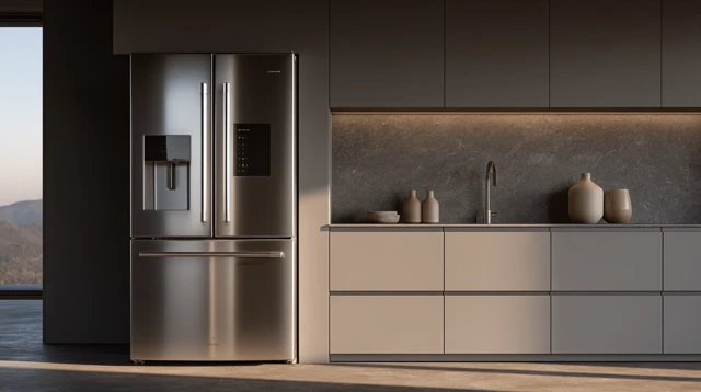 Minimalist Kitchen Design with Stainless Steel Refrigerator
