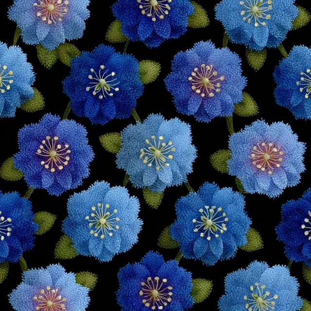 Elegant Flaxseed Flower Pattern Floral Design Blue and Black