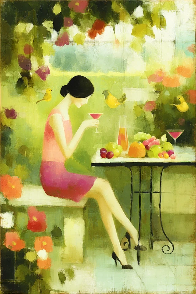 Garden Scene Woman at Table Watercolor Art