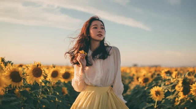 Japanese Woman in Sunflower Field Summer Scene