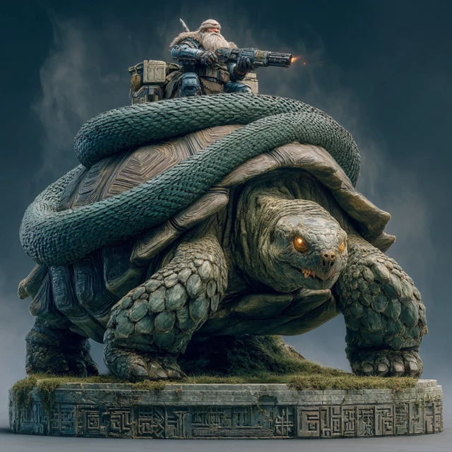 Giant Tortoise and Serpent with Gnome - Fantasy Art