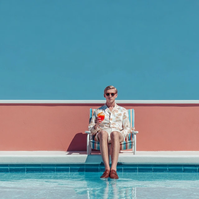 Man by Pool with Drink Relaxing Vacation
