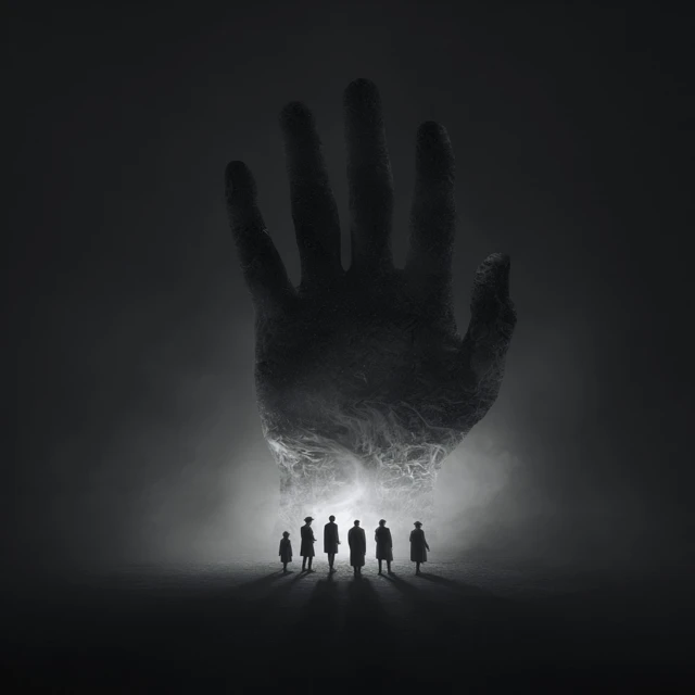 Shadowy Figures on a Giant Hand Fantasy Art