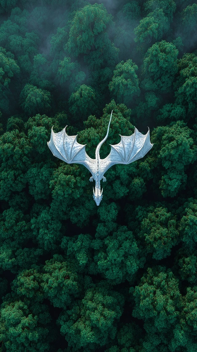 White Dragon Soaring Above Emerald Forest
