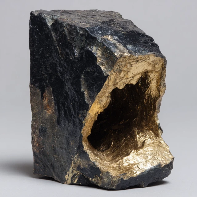 Abstract Sculpture Black Rock with Gold