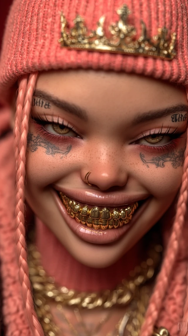Pink Hair Girl with Golden Teeth Face Tattoo Crown