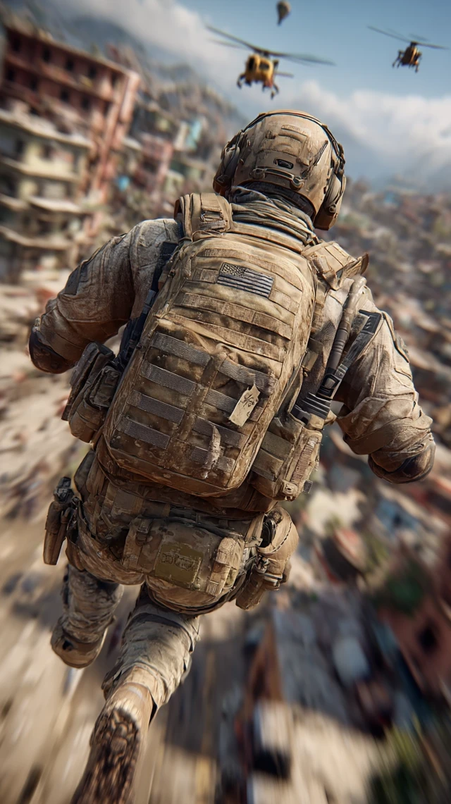 Cinematic Action Scene: Soldier on Rooftop with Helicopters