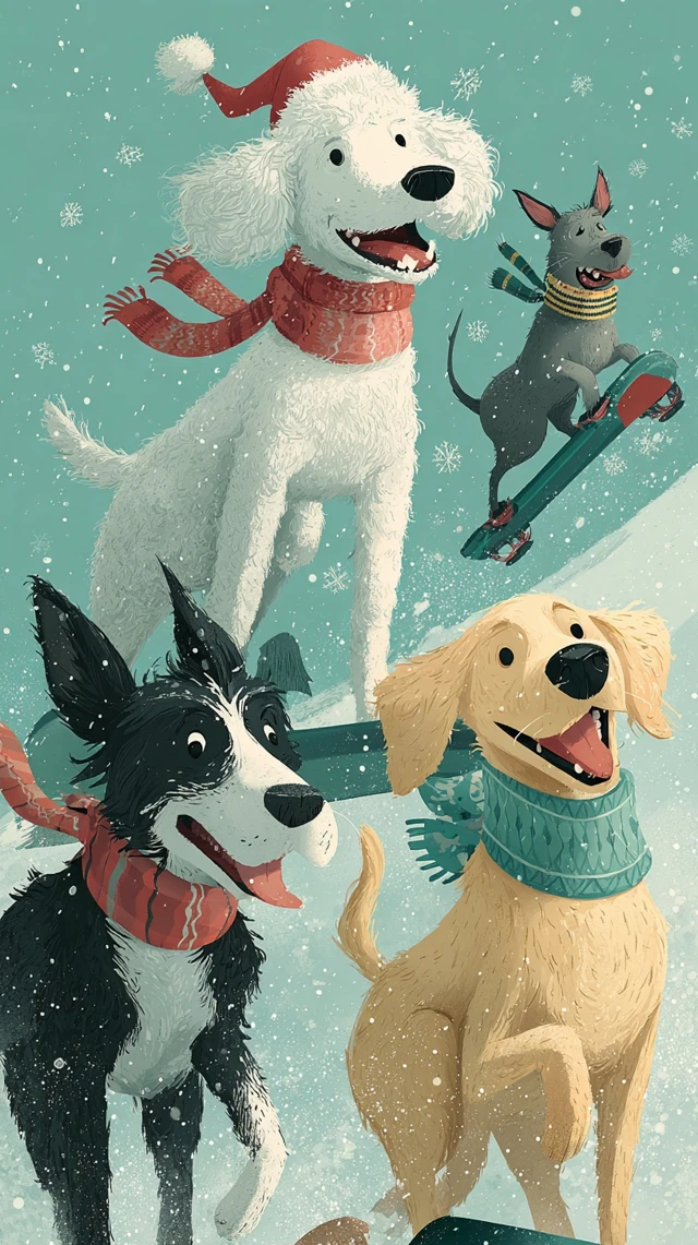 Dogs on Snowboards Christmas Illustration