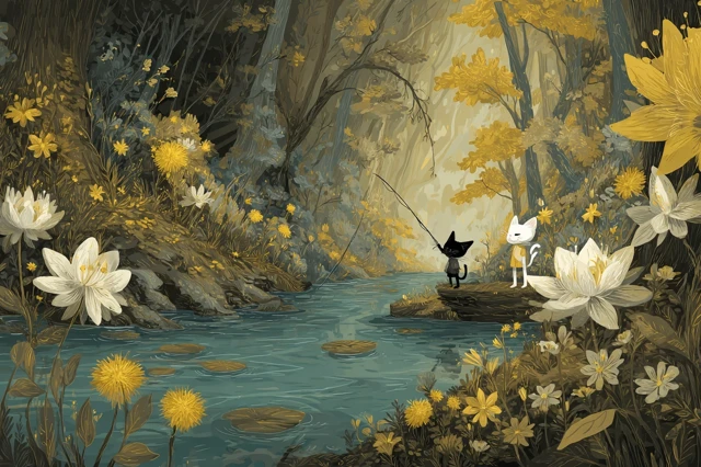 Cats Fishing by River in Forest Illustration
