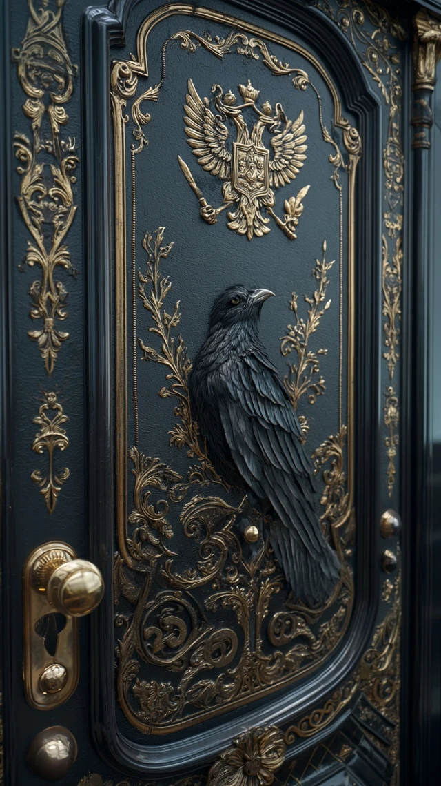 Ornate Door with Raven Gold Filigree Photorealistic