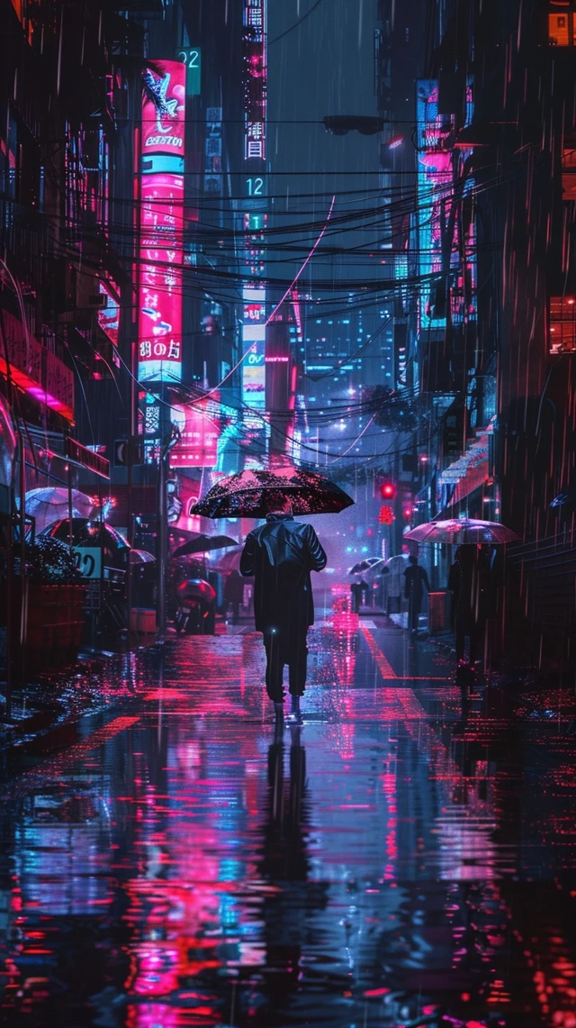 Cyberpunk Cityscape Rain Neon Lights Reflections