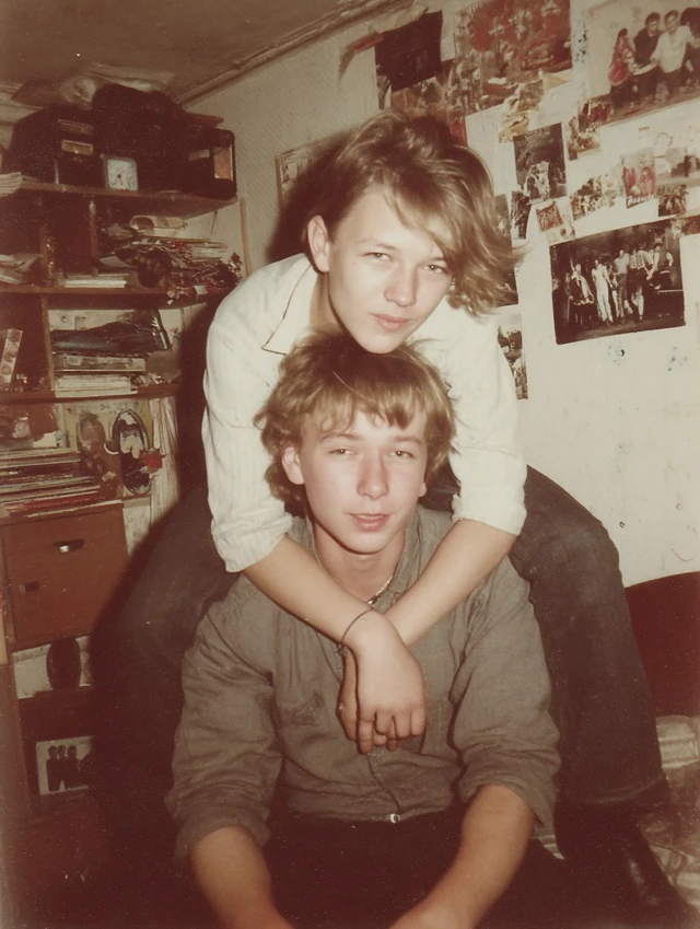 Vintage Photo of Teen Brothers Fooling Around in 1984