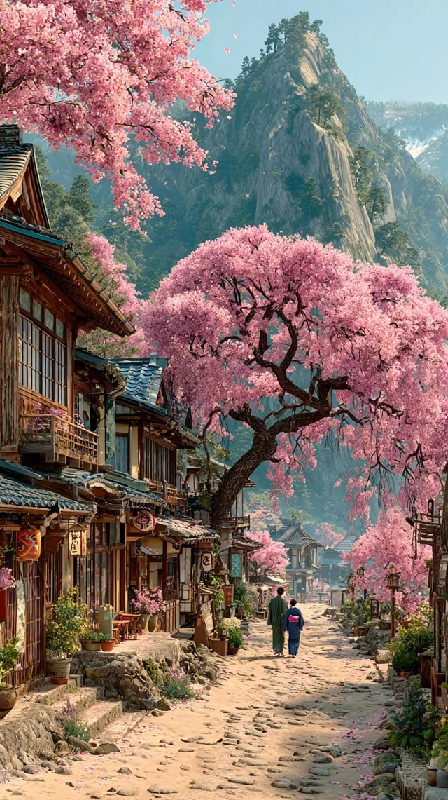 Japanese Village Cherry Blossoms Edo Period