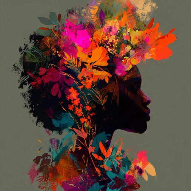 Young Black Girl with Flowers Blooming from Hair