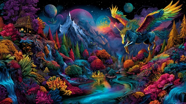 Colorful Pegasus Flying Over Mountain Landscape