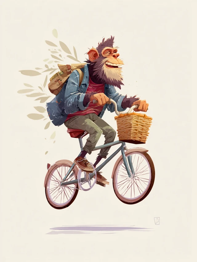 Monkey Riding Bike Funny Illustration