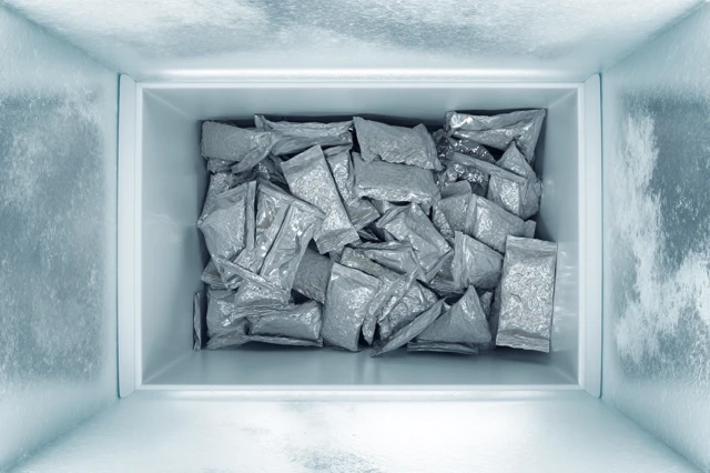 Open Chest Freezer with Frozen Food Pouches