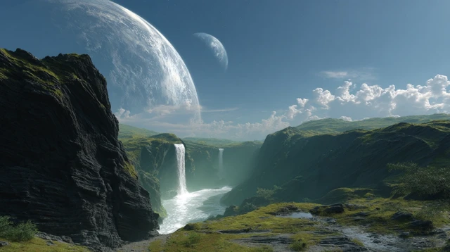 Alien Waterfall World with Green Sky and Sirius Clouds