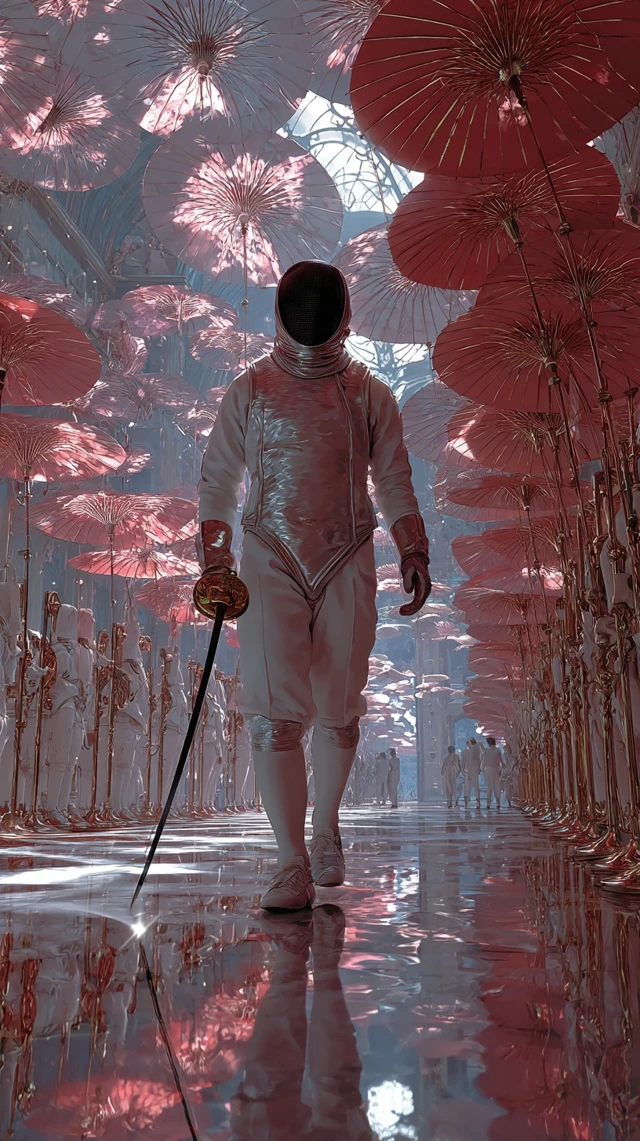Fencer in Chinese Sportswear Wins Victory